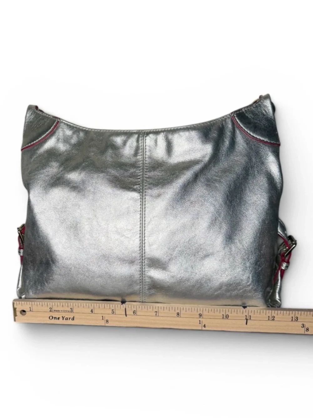 Dooney & Bourke Metallic Silver Leather Hobo Bag Red Trim Shoulder Purse